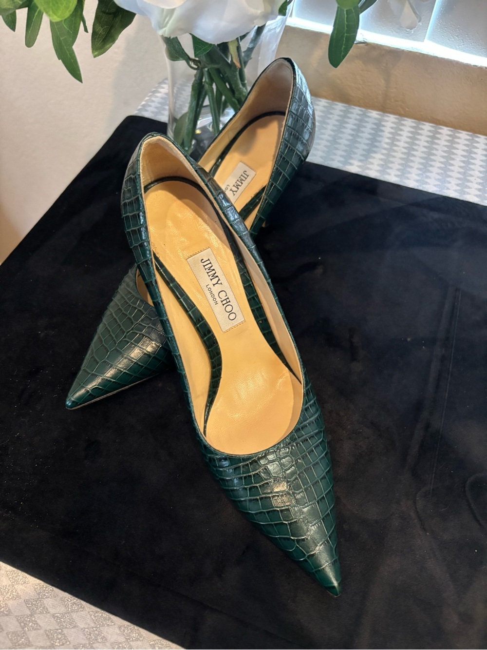 Jimmy Choo Green Croc-Embossed Pointed-Toe Pumps